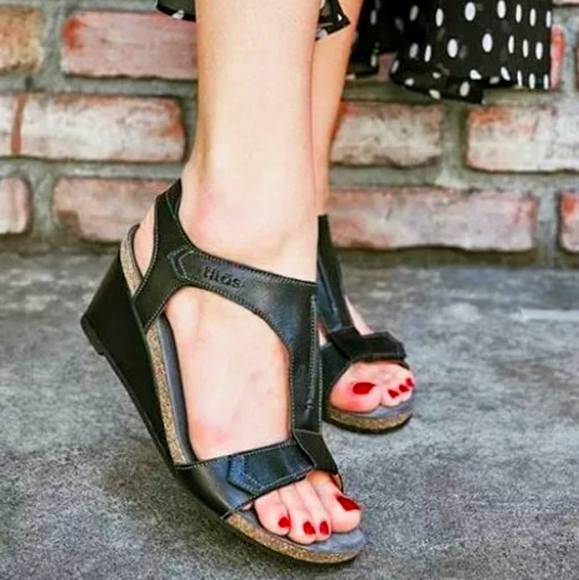 Taos Black Shelia Leather Wedge Ankle Strap Sandal